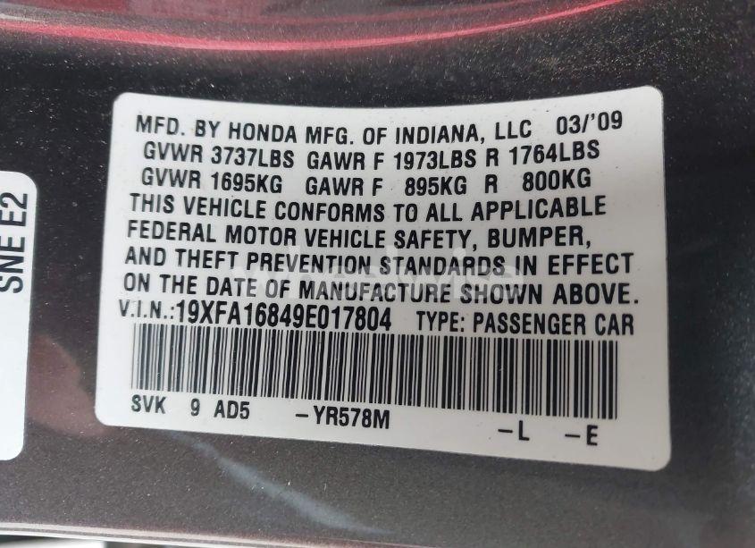 Photo 9 of 2009 Honda Civic EX (VIN 19XFA16849E017804)