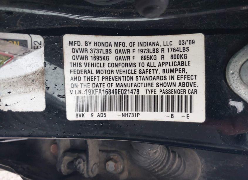 Photo 9 of 2009 Honda Civic EX (VIN 19XFA16849E021478)