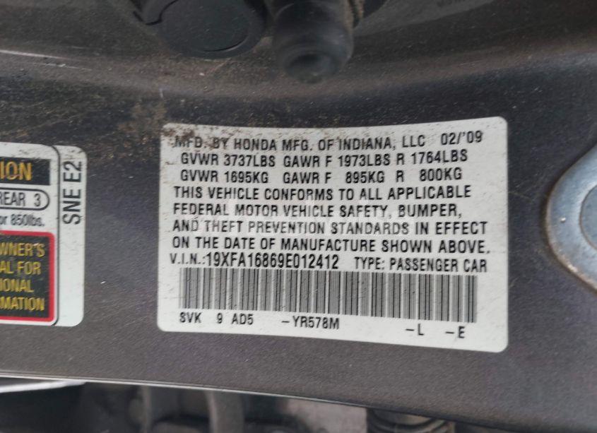 Photo 9 of 2009 Honda Civic EX (VIN 19XFA16869E012412)