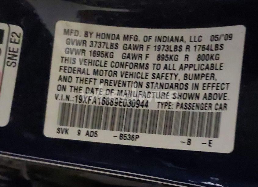 Photo 9 of 2009 Honda Civic EX (VIN 19XFA16889E030944)
