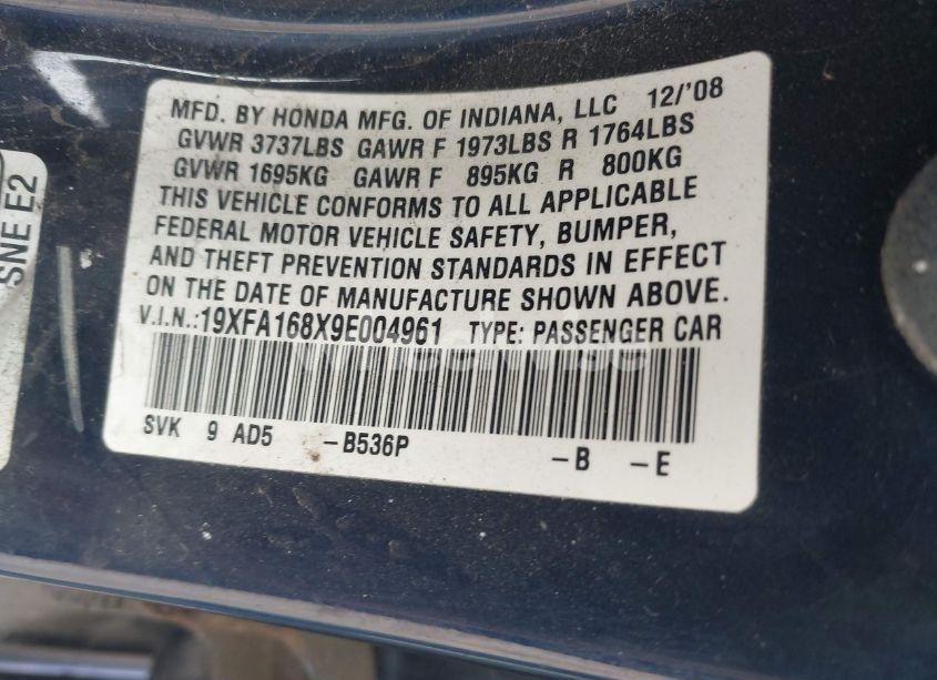 Photo 9 of 2009 Honda Civic EX (VIN 19XFA168X9E004961)