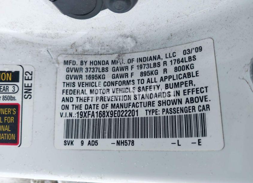 Photo 9 of 2009 Honda Civic EX (VIN 19XFA168X9E022201)