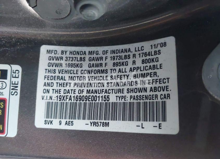 Photo 9 of 2009 Honda Civic EX-L (VIN 19XFA16909E001155)