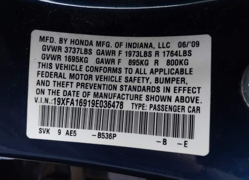 Photo 9 of 2009 Honda Civic EX-L (VIN 19XFA16919E036478)