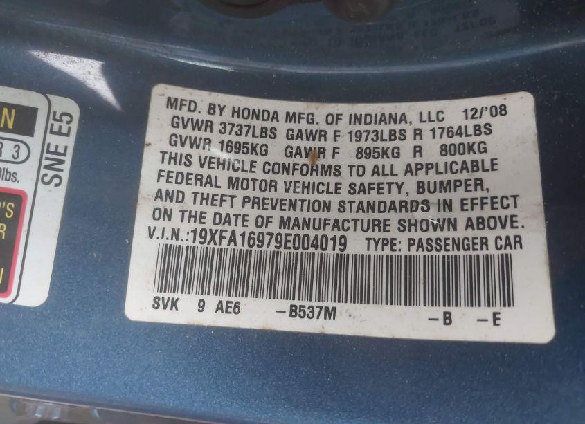 Photo 9 of 2009 Honda Civic EX-L (VIN 19XFA16979E004019)