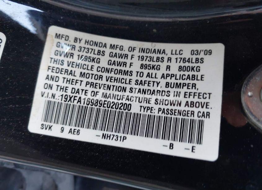 Photo 9 of 2009 Honda Civic EX-L (VIN 19XFA16989E020200)