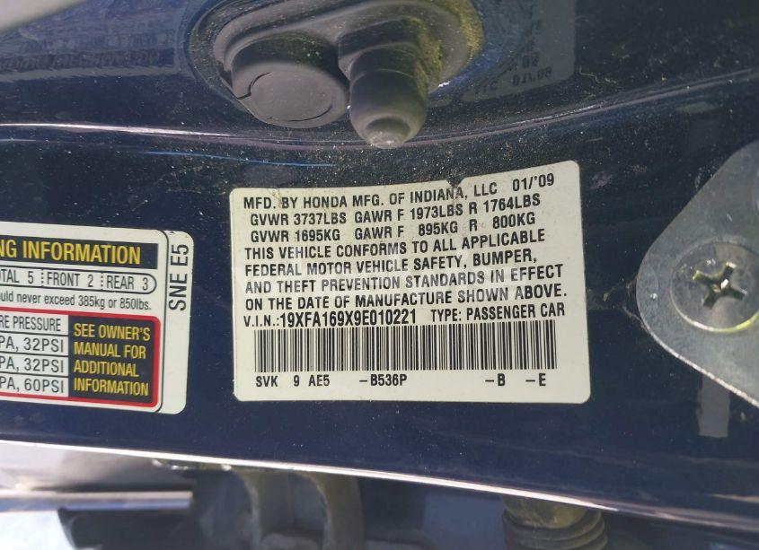Photo 9 of 2009 Honda Civic EX-L (VIN 19XFA169X9E010221)