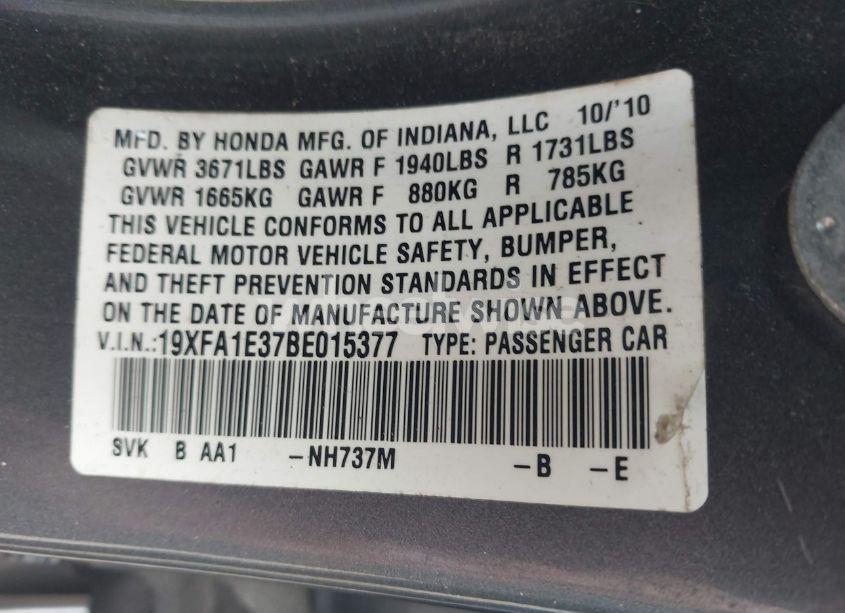 Photo 9 of 2011 Honda Civic VP (VIN 19XFA1E37BE015377)