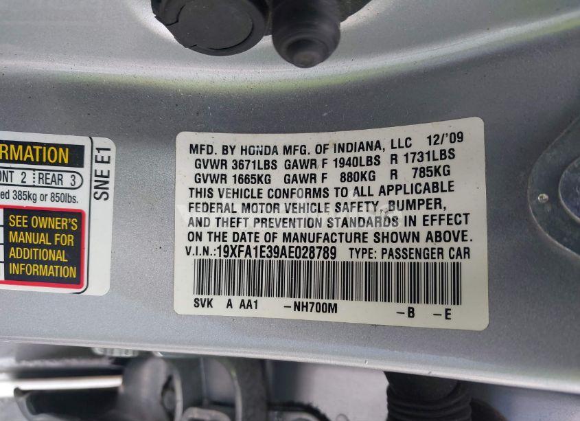 Photo 9 of 2010 Honda Civic VP (VIN 19XFA1E39AE028789)