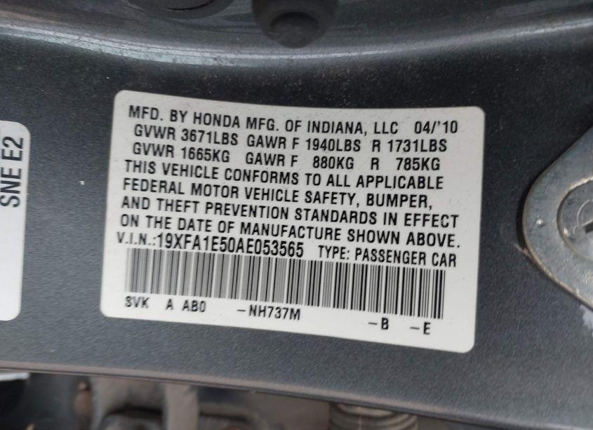 Photo 9 of 2010 Honda Civic LX (VIN 19XFA1E50AE053565)