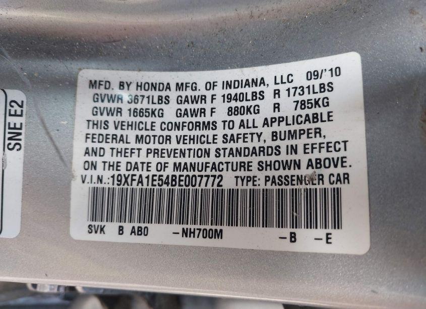 Photo 9 of 2011 Honda Civic LX (VIN 19XFA1E54BE007772)