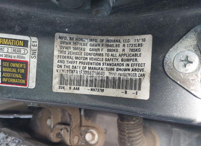 Photo 9 of 2011 Honda Civic VP (VIN 19XFA1F30BE018040)