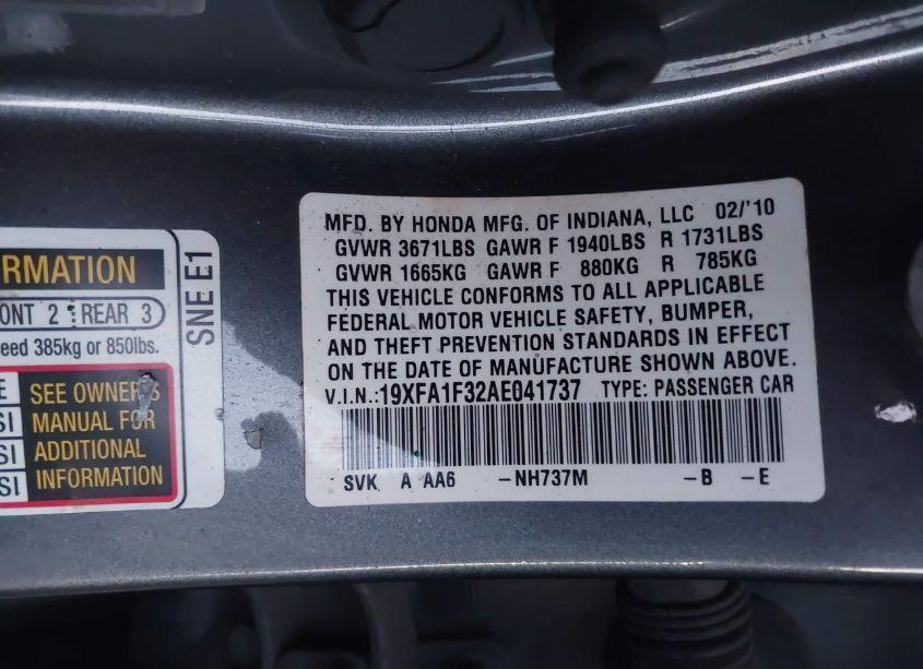 Photo 9 of 2010 Honda Civic VP (VIN 19XFA1F32AE041737)