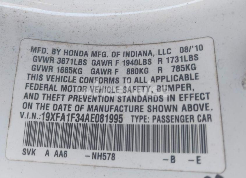 Photo 9 of 2010 Honda Civic VP (VIN 19XFA1F34AE081995)