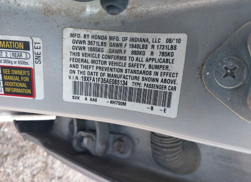 Photo 9 of 2010 Honda Civic VP (VIN 19XFA1F35AE085134)