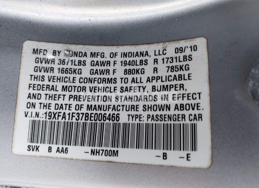 Photo 9 of 2011 Honda Civic VP (VIN 19XFA1F37BE006466)