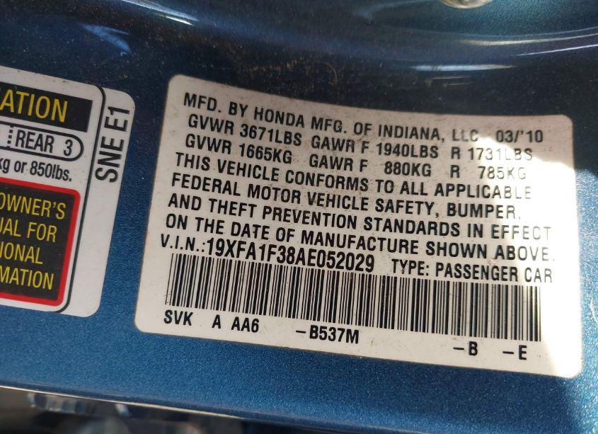Photo 9 of 2010 Honda Civic VP (VIN 19XFA1F38AE052029)