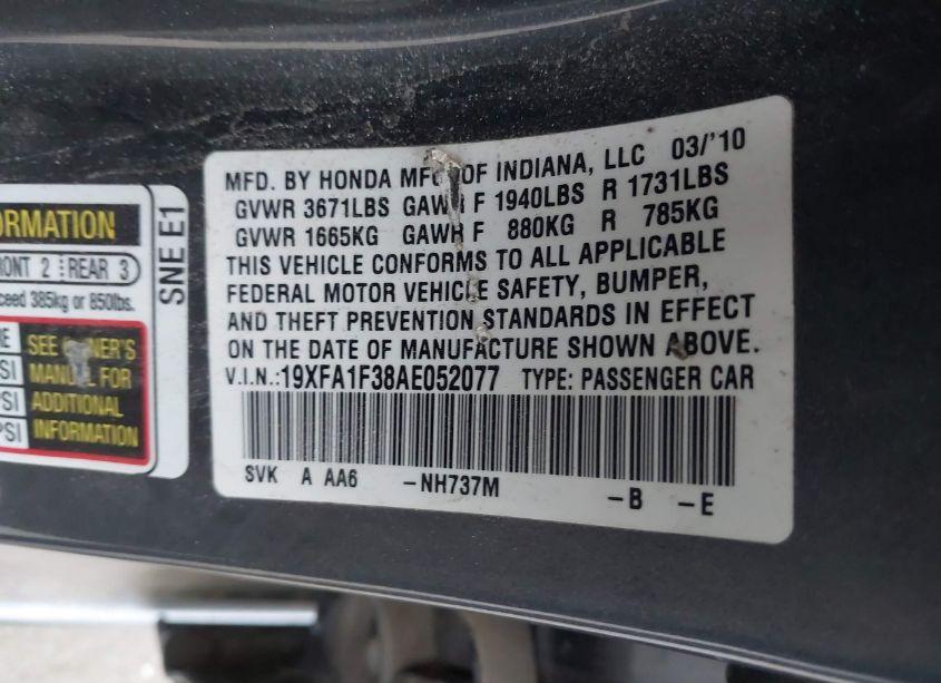 Photo 9 of 2010 Honda Civic VP (VIN 19XFA1F38AE052077)