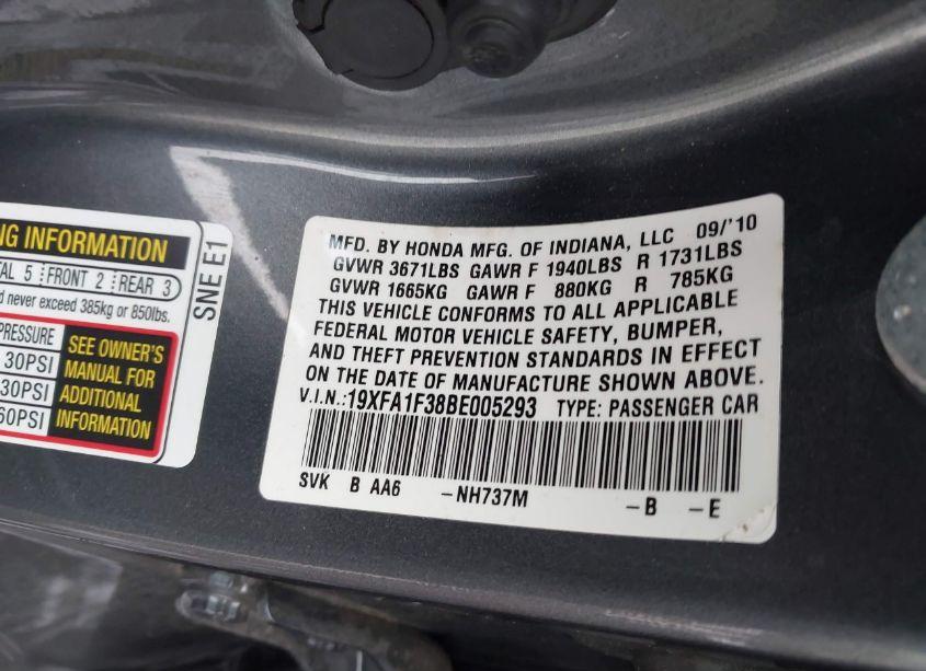 Photo 9 of 2011 Honda Civic VP (VIN 19XFA1F38BE005293)