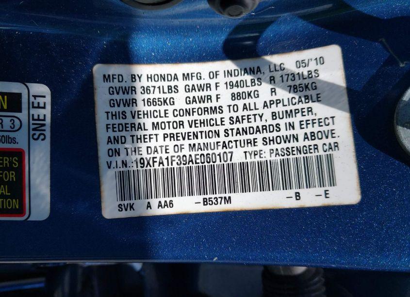 Photo 9 of 2010 Honda Civic VP (VIN 19XFA1F39AE060107)