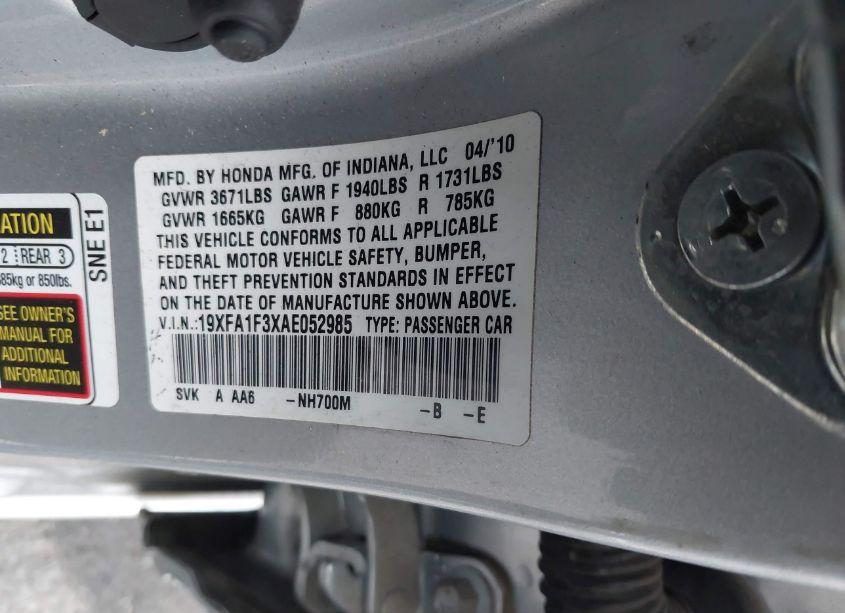 Photo 9 of 2010 Honda Civic VP (VIN 19XFA1F3XAE052985)