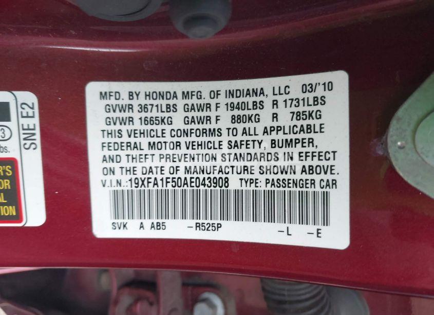 Photo 9 of 2010 Honda Civic LX (VIN 19XFA1F50AE043908)