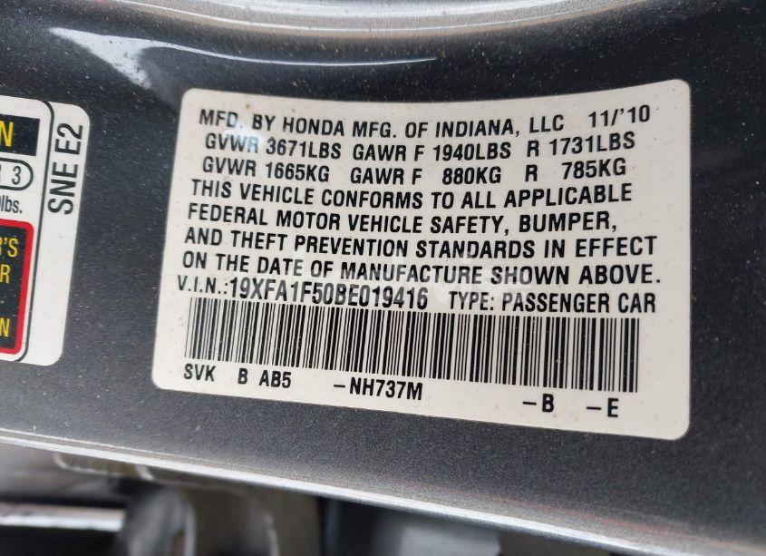 Photo 9 of 2011 Honda Civic LX (VIN 19XFA1F50BE019416)