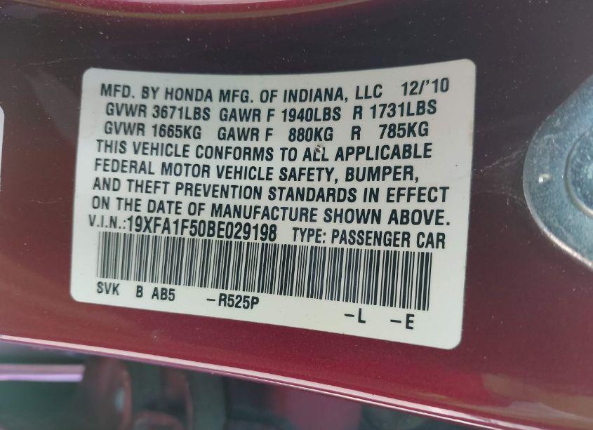 Photo 9 of 2011 Honda Civic LX (VIN 19XFA1F50BE029198)