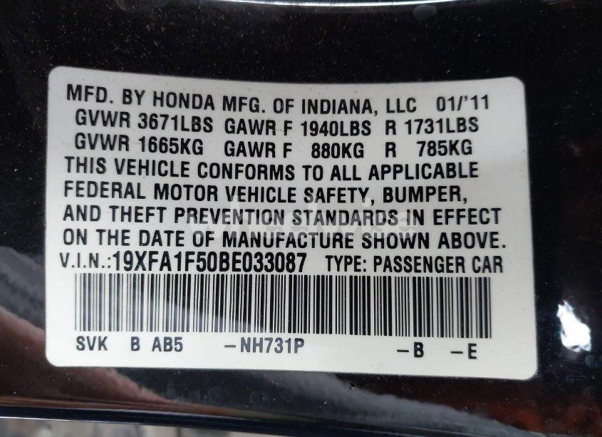 Photo 9 of 2011 Honda Civic LX (VIN 19XFA1F50BE033087)