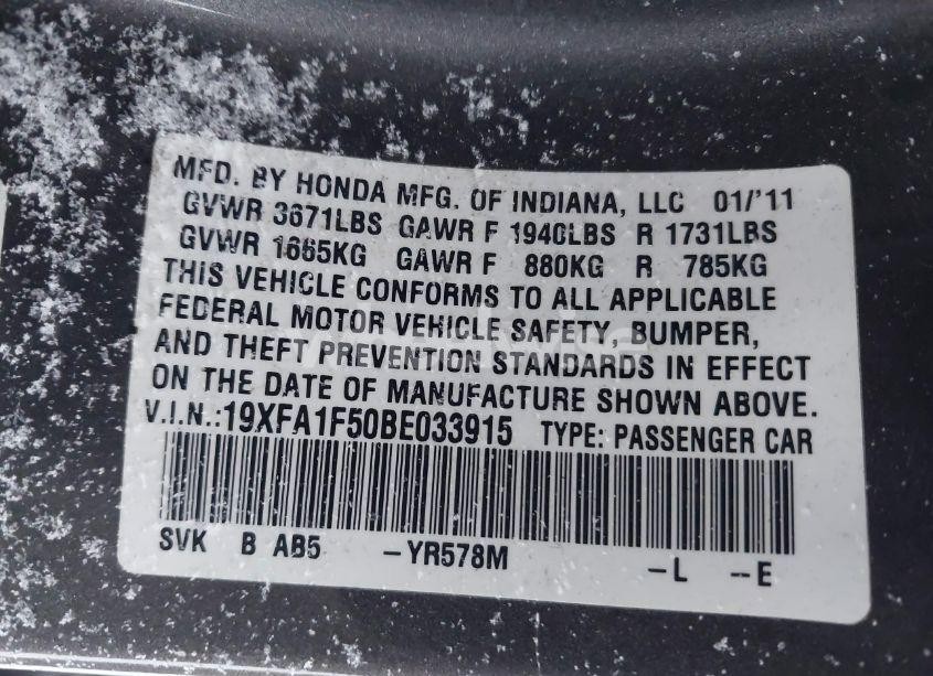 Photo 9 of 2011 Honda Civic LX (VIN 19XFA1F50BE033915)