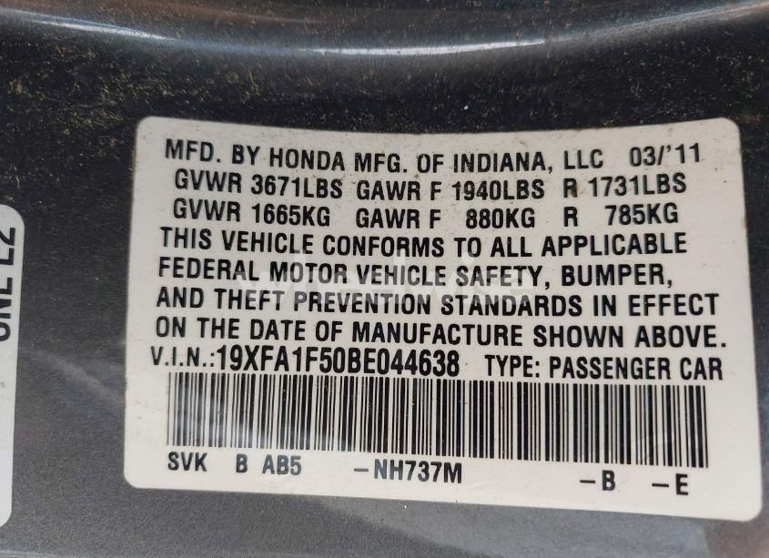 Photo 9 of 2011 Honda Civic LX (VIN 19XFA1F50BE044638)