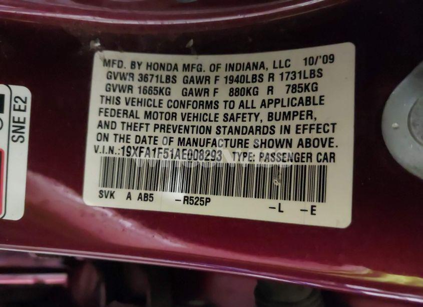 Photo 9 of 2010 Honda Civic LX (VIN 19XFA1F51AE008293)