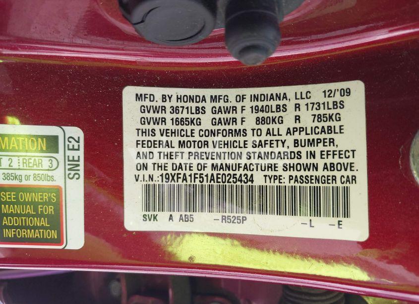 Photo 9 of 2010 Honda Civic LX (VIN 19XFA1F51AE025434)