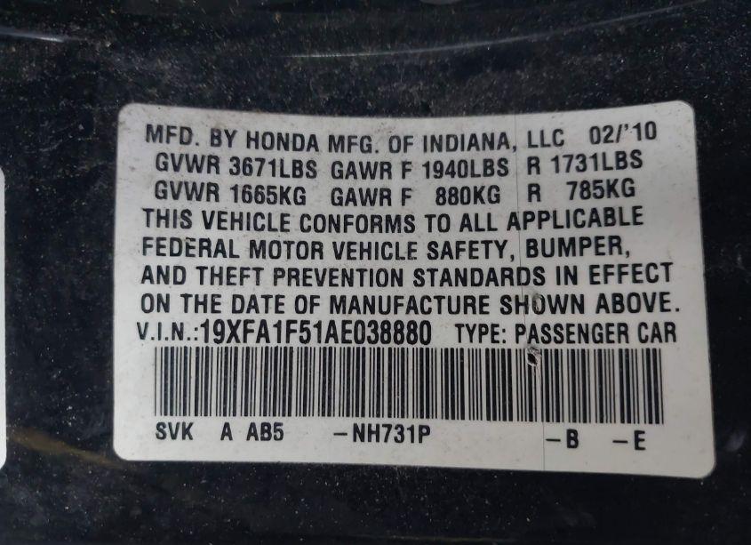 Photo 9 of 2010 Honda Civic LX (VIN 19XFA1F51AE038880)