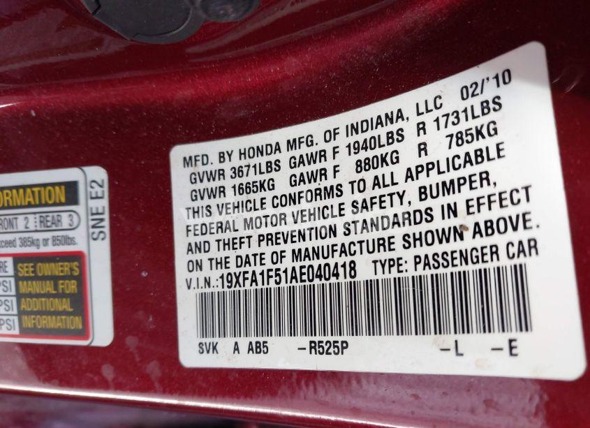 Photo 9 of 2010 Honda Civic LX (VIN 19XFA1F51AE040418)