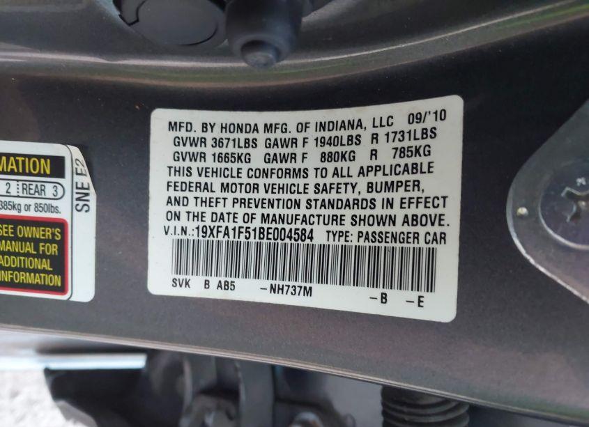 Photo 9 of 2011 Honda Civic LX (VIN 19XFA1F51BE004584)