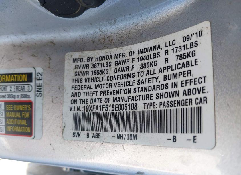 Photo 9 of 2011 Honda Civic LX (VIN 19XFA1F51BE006108)