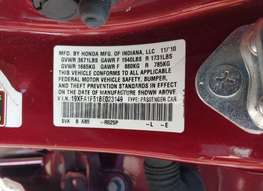 Photo 9 of 2011 Honda Civic LX (VIN 19XFA1F51BE023149)