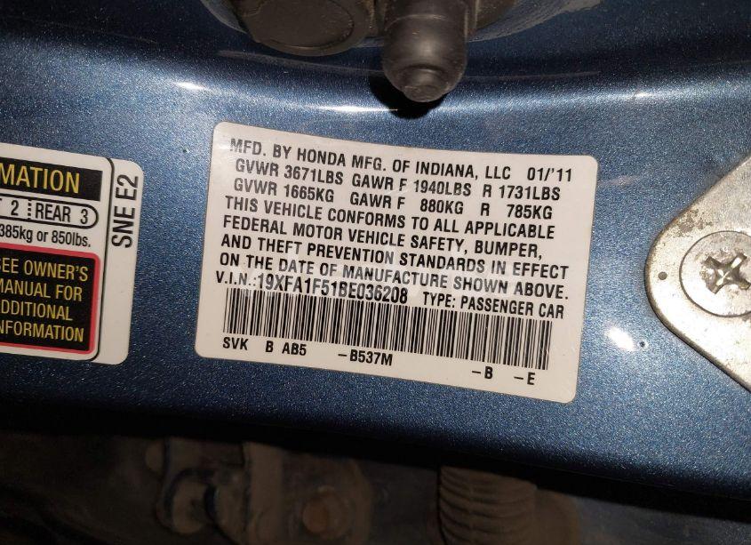 Photo 9 of 2011 Honda Civic LX (VIN 19XFA1F51BE036208)