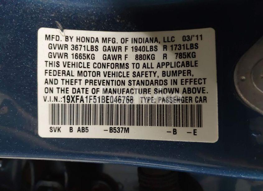 Photo 9 of 2011 Honda Civic LX (VIN 19XFA1F51BE046768)