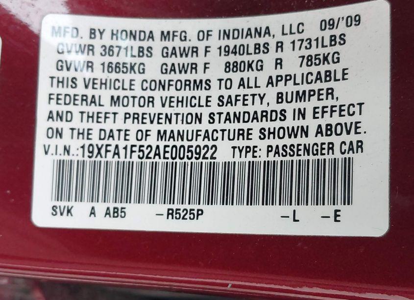 Photo 9 of 2010 Honda Civic LX (VIN 19XFA1F52AE005922)