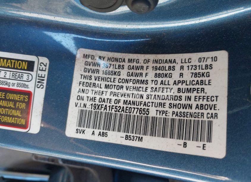 Photo 9 of 2010 Honda Civic LX (VIN 19XFA1F52AE077655)