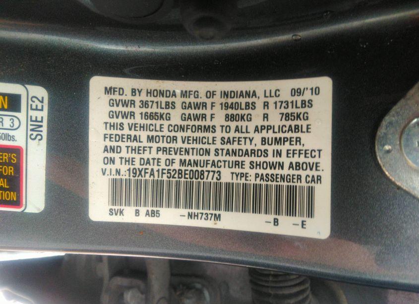 Photo 9 of 2011 Honda Civic LX (VIN 19XFA1F52BE008773)