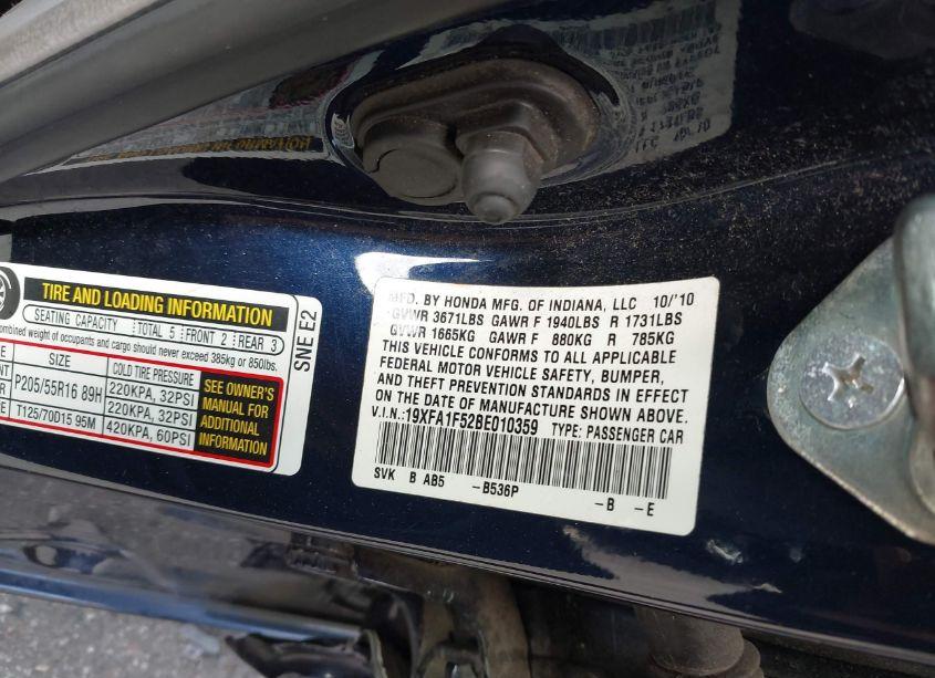 Photo 9 of 2011 Honda Civic LX (VIN 19XFA1F52BE010359)