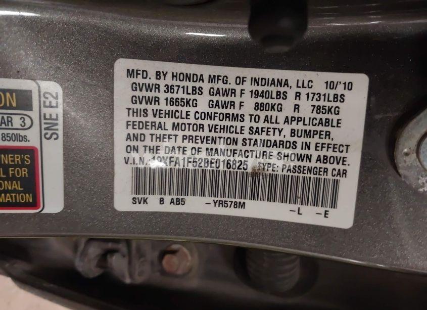 Photo 9 of 2011 Honda Civic LX (VIN 19XFA1F52BE016825)