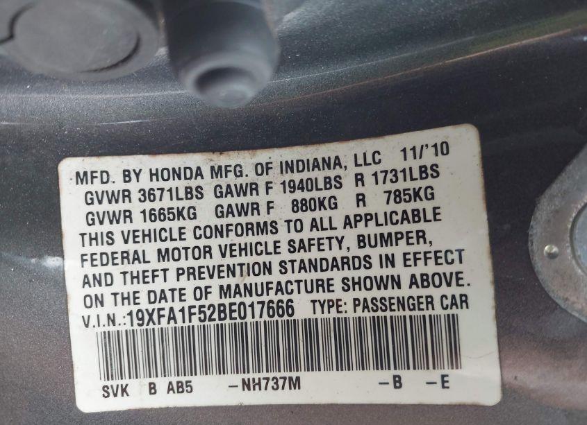 Photo 9 of 2011 Honda Civic LX (VIN 19XFA1F52BE017666)