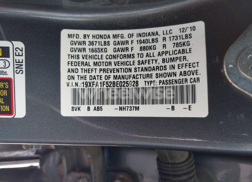 Photo 9 of 2011 Honda Civic LX (VIN 19XFA1F52BE025928)