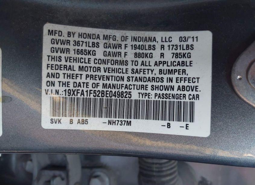 Photo 9 of 2011 Honda Civic LX (VIN 19XFA1F52BE049825)