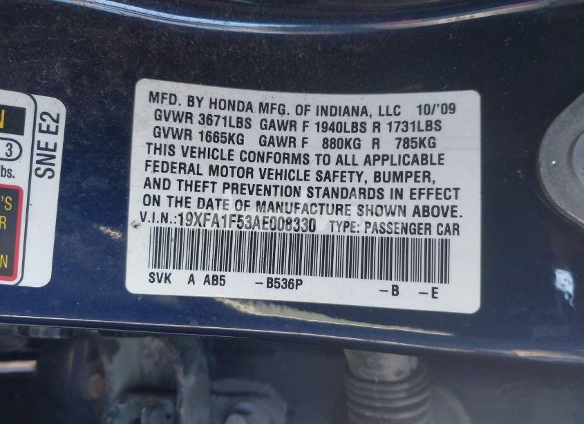 Photo 9 of 2010 Honda Civic LX (VIN 19XFA1F53AE008330)