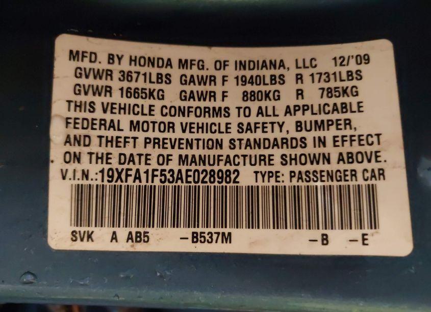 Photo 9 of 2010 Honda Civic LX (VIN 19XFA1F53AE028982)